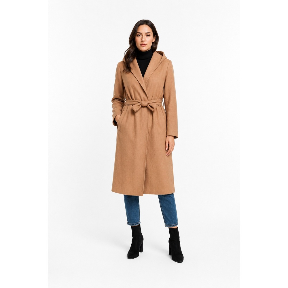 Hyfve Medium Camel Hooded Wrap Coat Belted Long Trench Jacket H17H189 Tan Womens